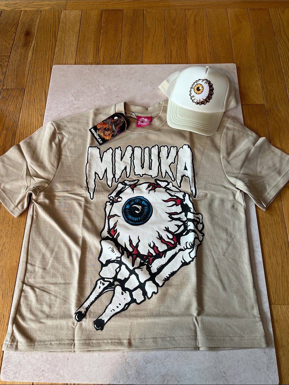 Mishka Men’s Boxy Oversized Tee with Blue-Iris Eyeball and SnapBack Hat to Match